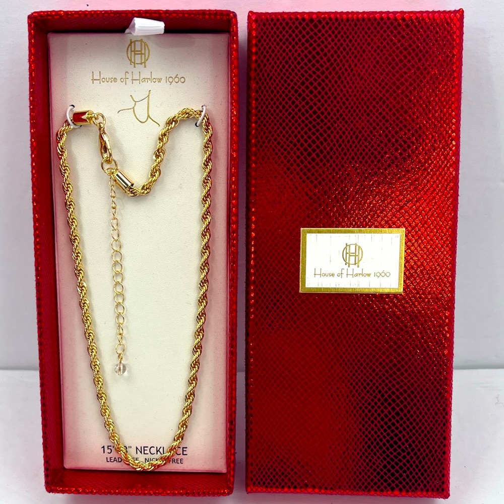 HOUSE OF HARLOW 1960,ROPE NECKLACE IN GOLD COLOR, NICKEL FREE & LEAD SAFE, 15”+3